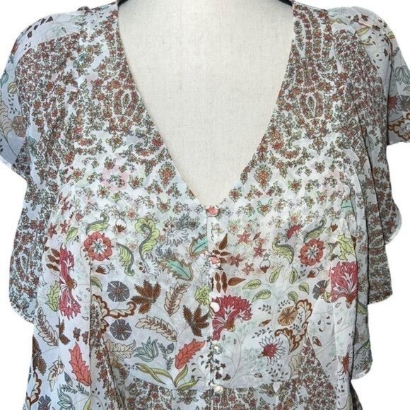Matilda Jane Floral Ruffle Layered V-Neck Blouse With Sheer Sleeves Womens Small - Picture 5 of 14